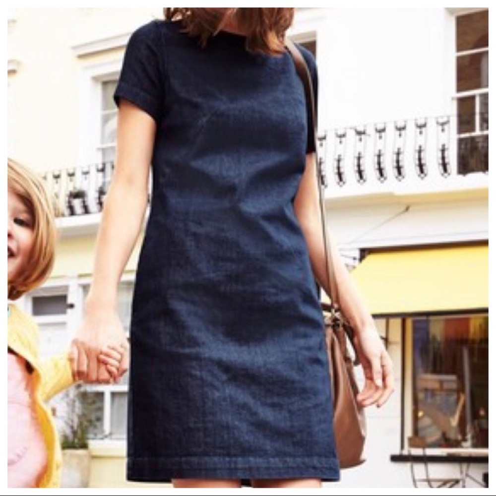 Boden Modern Denim Dress Size 6 Navy Jean Shift Pockets Short Sleeve Above-Knee
